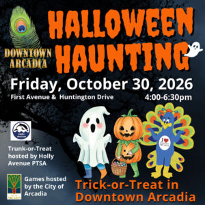 Downtown Arcadia Halloween Haunting ghost, pumpkin, peacock costumes